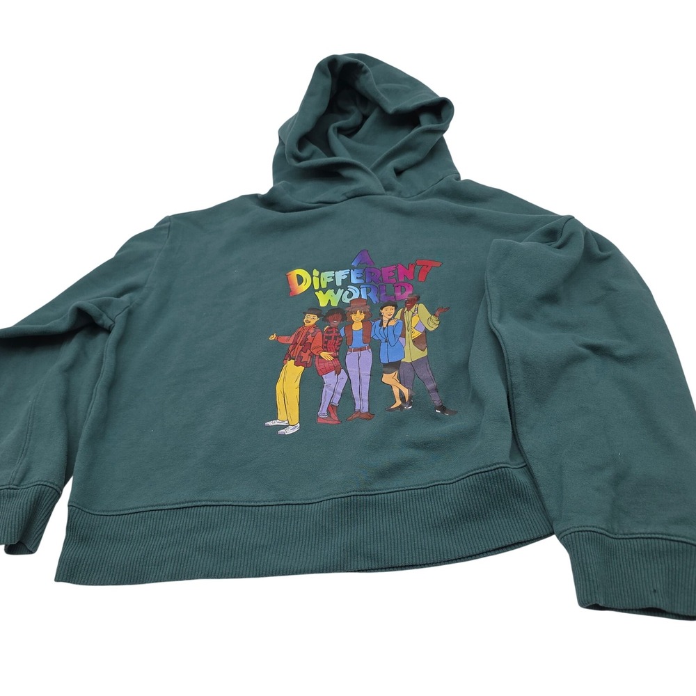 Y2K A Different World Hoodie Women L Green Cropped Graphic Sweatshirt Streetwear